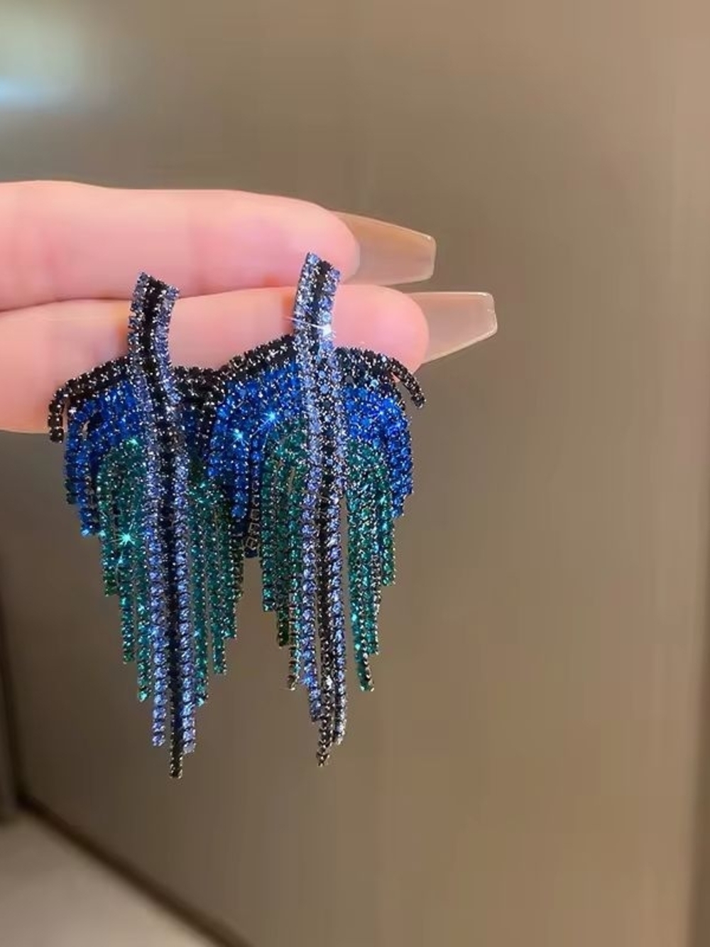 Blue and Green Crystal Fringe Leaf Earrings - Picture 4 of 6